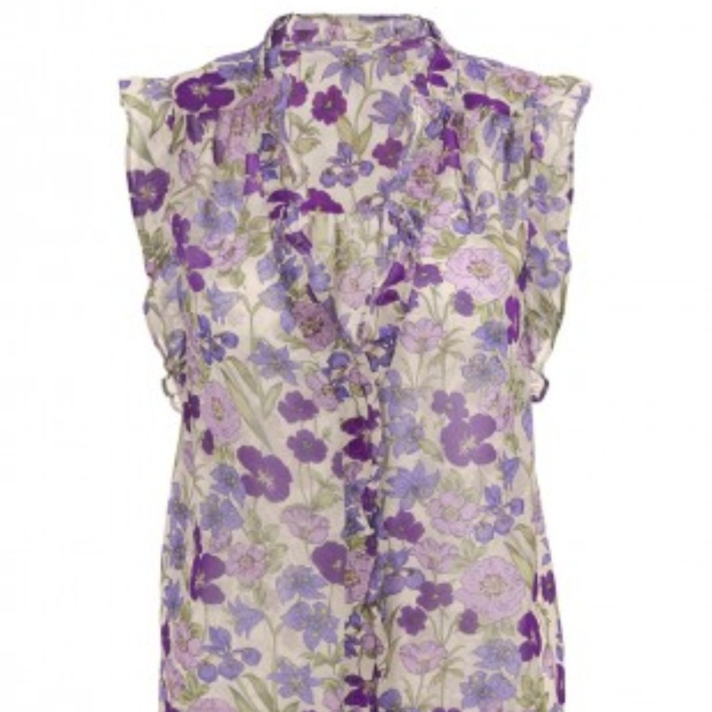 CAbi Lavender Floral Ruffle Sleeveless Blouse
